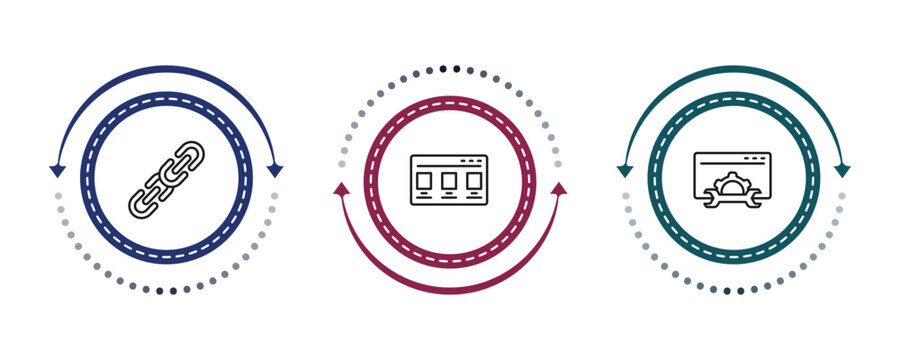 outline programming icons set - hyperlink, theme, seo tools. editable vector for web and mobile ui