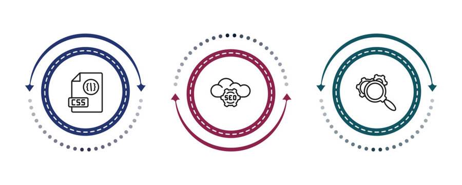 outline programming icons set - css file format, seo cloud, optimization. editable vector for web and mobile ui