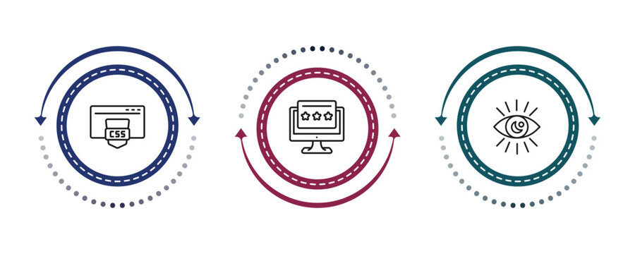 outline seo icons set - css, seo reputation, visibility. editable vector for web and mobile ui