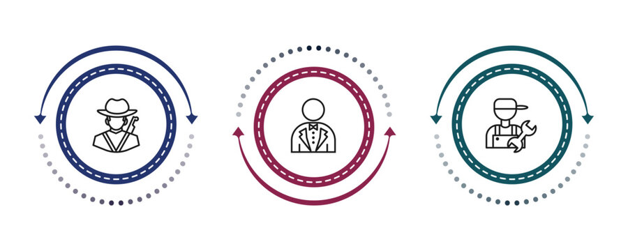 outline professions icons set - hunter, butler, plumber. editable vector for web and mobile ui