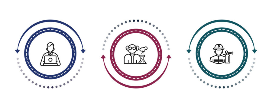 outline professions icons set - programmer, chemist, fireman. editable vector for web and mobile ui