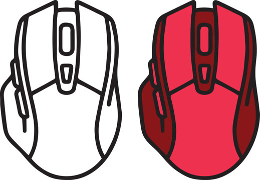 Gaming Mouse Icon Set: Minimalist Black and White and Red Vector Illustration of Ergonomic Computer Mouse for Gaming and Office.