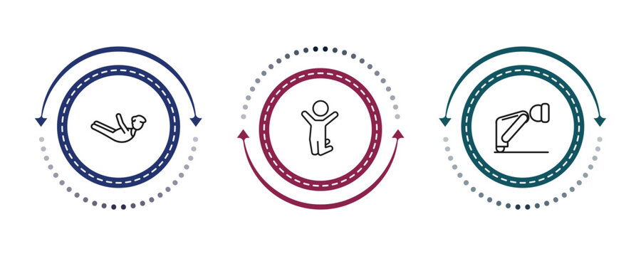 outline people icons set - locust, man jumping up, ruku. editable vector for web and mobile ui