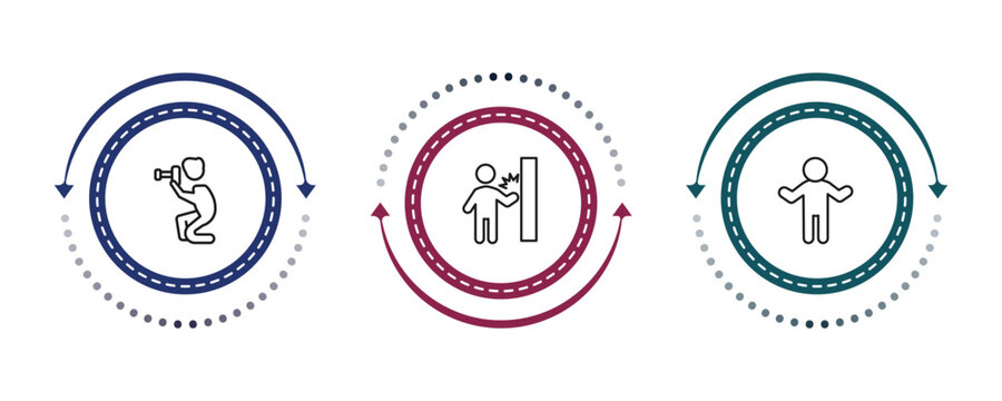 outline people icons set - photographer working, knocking, crucified pose. editable vector for web and mobile ui