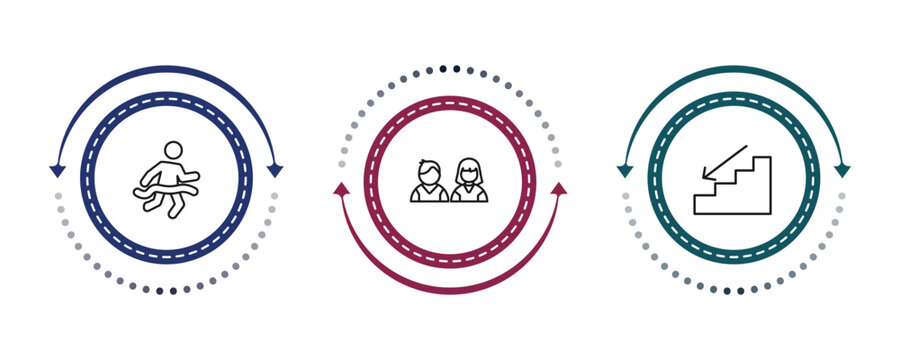 outline people icons set - running at finish line, students, downstairs. editable vector for web and mobile ui