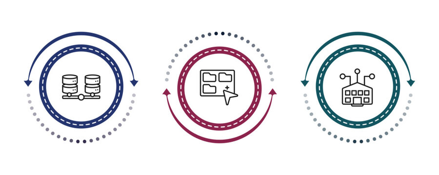 outline networking icons set - balancing data, group selection, school network. editable vector for web and mobile ui