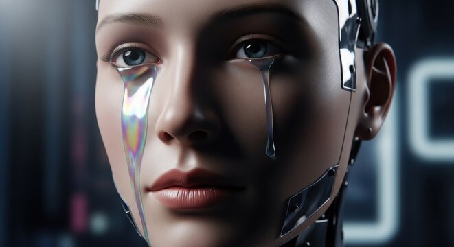 Robotic Sadness: A close-up portrait of a female android's face, with metallic components and tears of liquid metal flowing down her cheeks, reflecting a futuristic and poignant emotion.