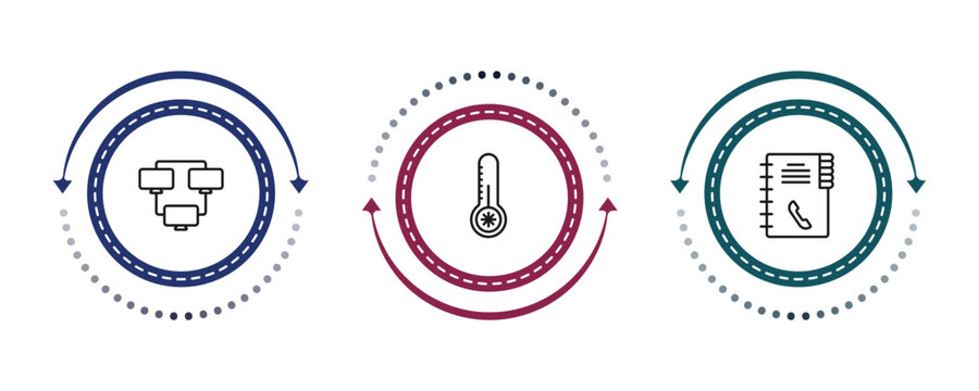outline networking icons set - continuous line, low temperature, contact book. editable vector for web and mobile ui