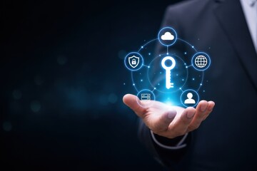 Fototapeta premium Professional hand holds a glowing digital key, symbolizing secure access to cloud, data, and global networks.