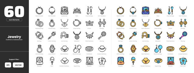 Jewelry icon set collection - colored outline line art style. Bracelet crown diamond ring earrings jewel box medallion necklace pearl piercing ring box tiara tooth ring watch accessories. © Yumagema