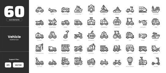 Vehicle icon set collection - colored outline line art style. Boar ambulance atv bicycle monster truck blimp bulldozer bus cable car concrete ship double decker bus excavator fire truck food truck © Yumagema