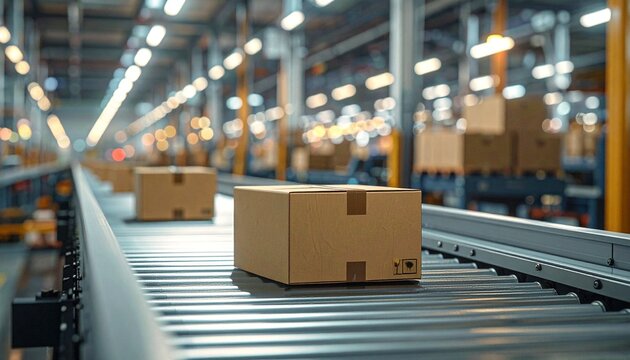 Industrial warehouse with conveyor belts moving cardboard shipping boxes
