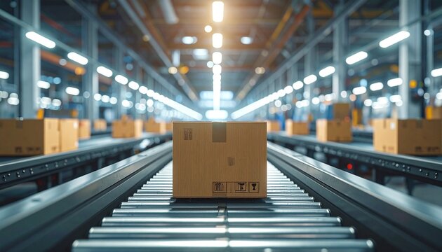 Industrial warehouse with conveyor belts moving cardboard shipping boxes