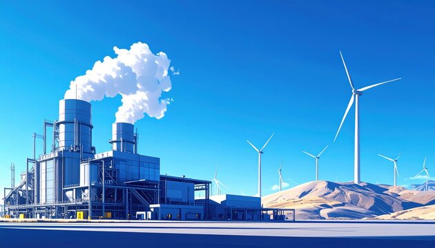 Power Plant Chimneys Releasing Emissions Alongside Modern Wind Turbines on a Hill, Symbolizing the Ongoing Global Energy Transition Towards Sustainable Practices