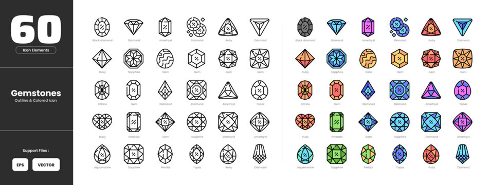 Gems icon set collection - colored outline line art style with various shapes. Diamond amethyst ruby sapphire topaz citrine emerald peridot aquamarine.
