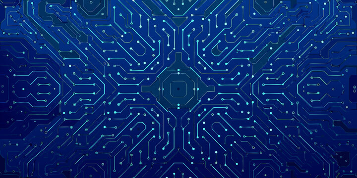 Symmetrical blue circuit board pattern with intricate lines and electronic connections abstract background high quality