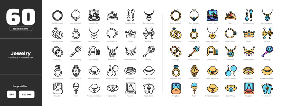 Jewelry icon set collection - colored outline line art style. Bracelet crown diamond ring earrings jewel box medallion necklace pearl piercing ring box tiara tooth ring watch accessories.