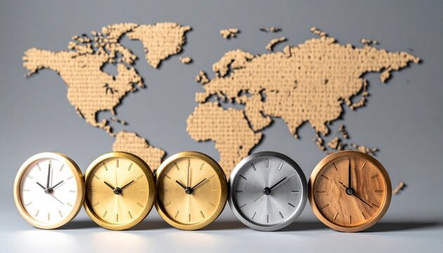 Five world clocks with wooden map showing global time zones