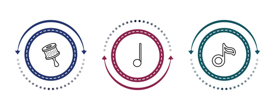 outline music and media icons set - cabasa, quarter note, flat. editable vector for web and mobile ui