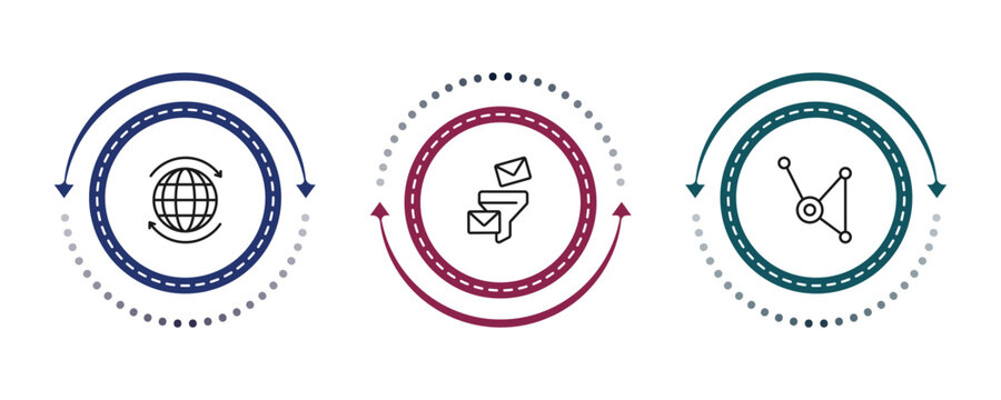 outline multimedia icons set - world wide, mail funneling, substance. editable vector for web and mobile ui