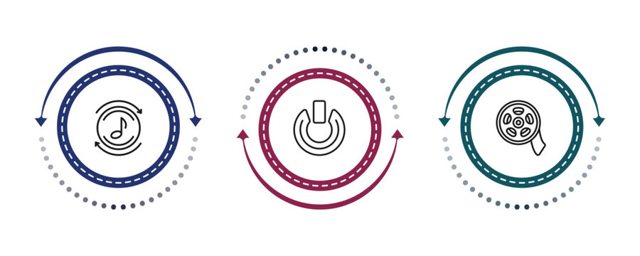 outline multimedia icons set - rolling, power on button, rolls. editable vector for web and mobile ui
