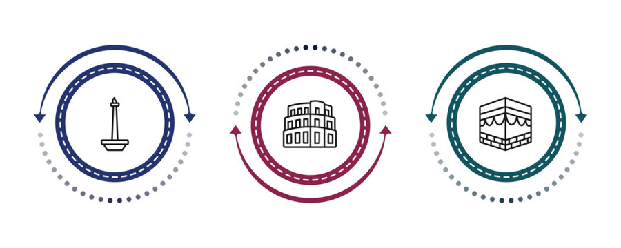 outline monuments icons set - national monument monas, pula arena, kaaba building. editable vector for web and mobile ui