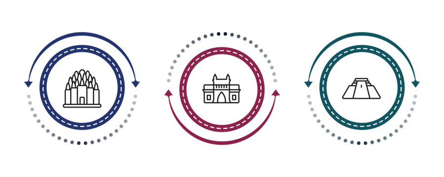 outline monuments icons set - prambanan, gat of india, pyramid of the magician. editable vector for web and mobile ui