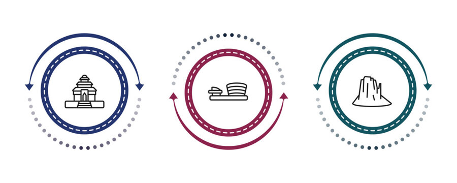 outline monuments icons set - konark sun temple, museum, canyon. editable vector for web and mobile ui
