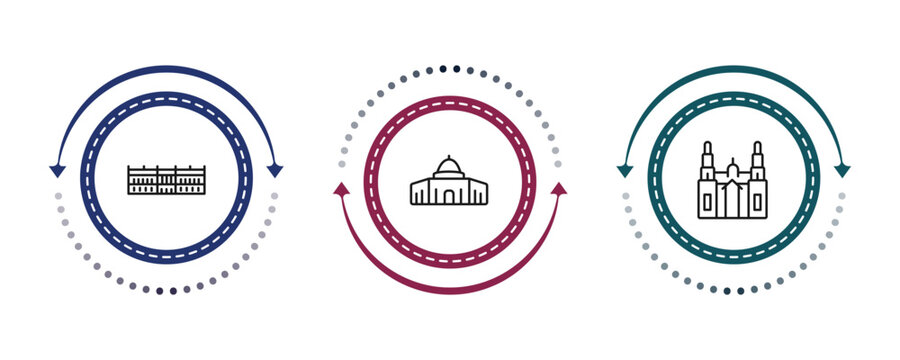 outline monuments icons set - palace of versailles, dome of the rock, cathedral. editable vector for web and mobile ui