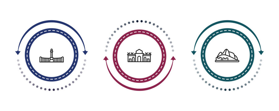 outline monuments icons set - retiro park, alcala gate, hu picchu. editable vector for web and mobile ui