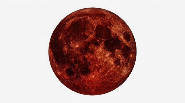 The moon appears in a dark red hue during a lunar eclipse in space.