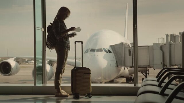 Woman traveler standing in airport terminal holding boarding pass and passport looking at large airplane through window.