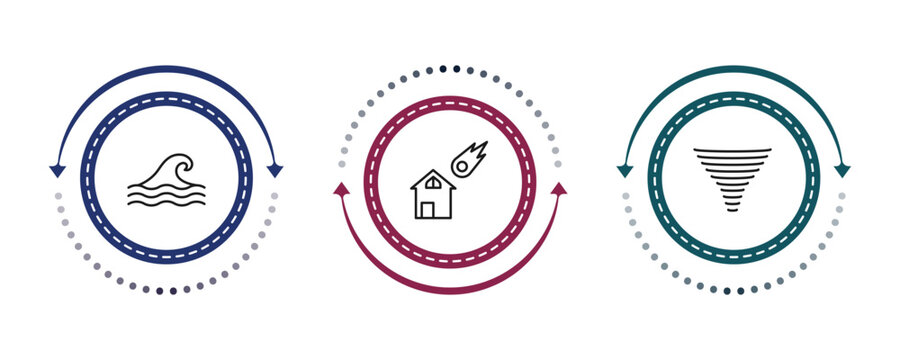 outline meteorology icons set - tsunami wave, comet and house, tornado season. editable vector for web and mobile ui