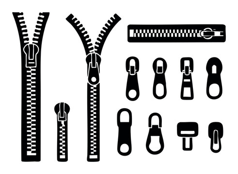 Zipper elements collection showing open and closed fasteners, different pullers, sliders, and zip components for fashion industry
