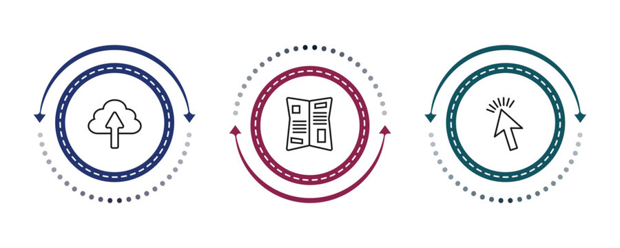outline marketing icons set - upload to cloud, gazette, web cursor. editable vector for web and mobile ui