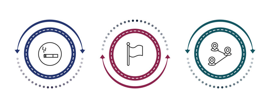 outline maps and flags icons set - smoke zone, plain flag, locations. editable vector for web and mobile ui