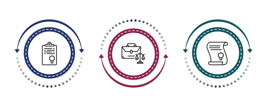 outline law and justice icons set - policy, employment law, scroll with law. editable vector for web and mobile ui