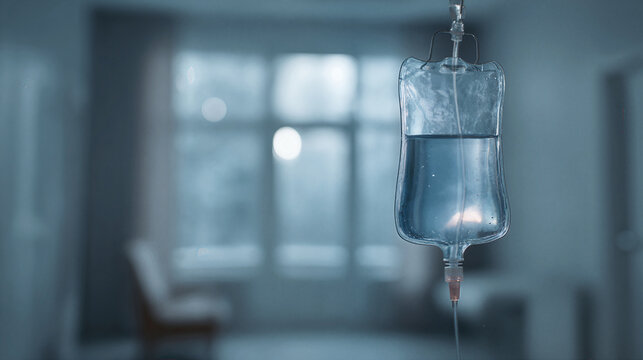 IV drip bag with clear solution hanging in a hospital room