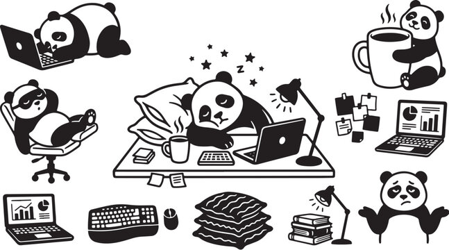 Panda bears working on computers and laptops illustration