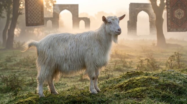 A rare albino goat with white fur standing peacefully in a misty meadow during sunrise with soft golden cinematic lighting.