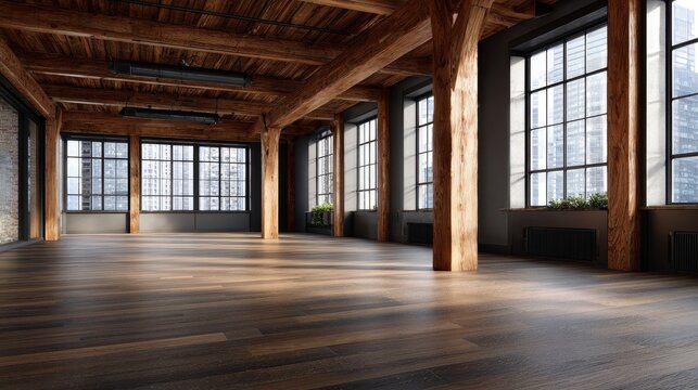 Bright empty modern studio space featuring rustic timber structure, city views, and elegant design