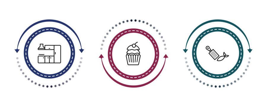 outline kitchen collection. icons set - kitchen cabinet, cupcake, zester. editable vector for web and mobile ui