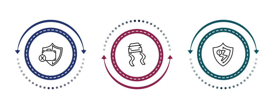 outline insurance icons set - unemployed, slippery road, problem electric. editable vector for web and mobile ui