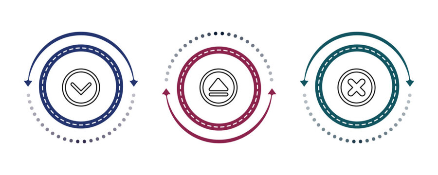 outline interface icons set - down, eject, x mark. editable vector for web and mobile ui