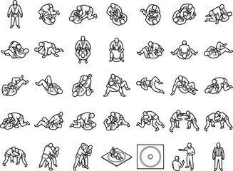 Fototapeta premium A comprehensive illustrated guide showcases a variety of judo techniques, from standing throws to ground grappling maneuvers, designed to enhance the practice of martial arts.
