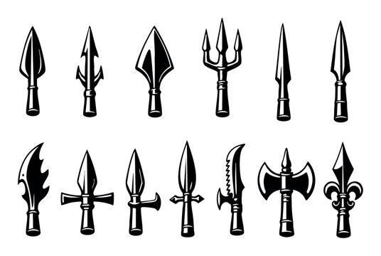 Various old weapon heads for spears, arrows, and polearms, featuring different designs and historical warfare tools