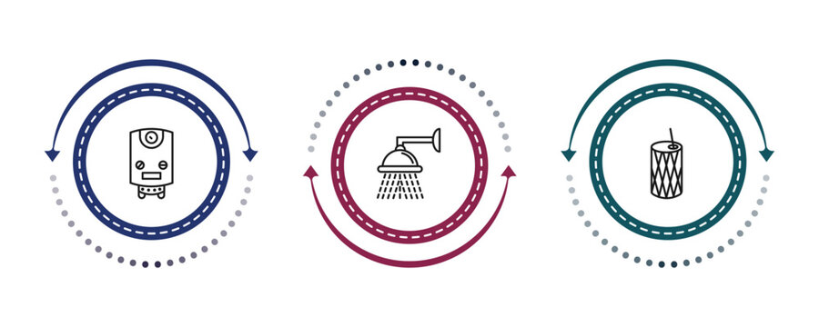 outline hygiene icons set - water heater, douche, toothpick. editable vector for web and mobile ui