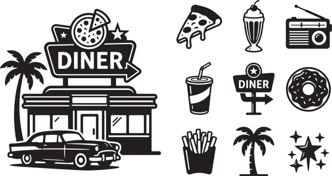 Retro Diner Illustration with Vintage Food Icons Set
