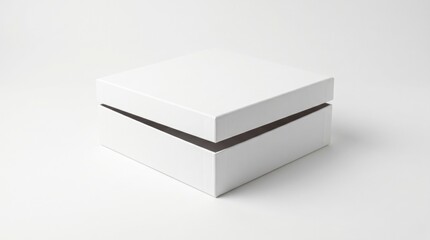 Naklejka premium A plain white rigid gift box with lid slightly ajar sits centered on a bright white background in minimalist style.