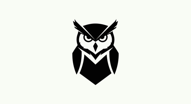 Black and white owl logo on white background